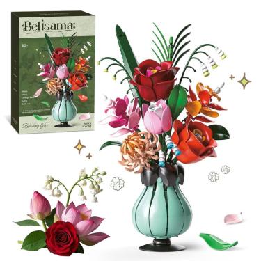 Imagem de Conjunto de blocos de construção, buquê de flores com vaso para adultos