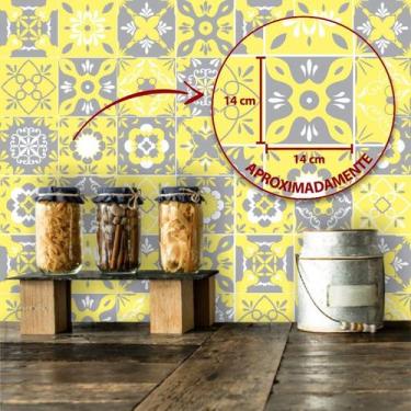 Imagem de Papel De Parede De Azulejo Hidráulico Cinza E Amarelo - Inove Papéis d