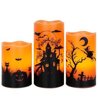 Imagem de Lasumora Velas de LED cintilantes sem chama de Halloween com temporizador de 6 horas, velas de cera operadas por pilha, decalques sortidos de bruxa, morcegos, castelo conjunto de 3 para decoração