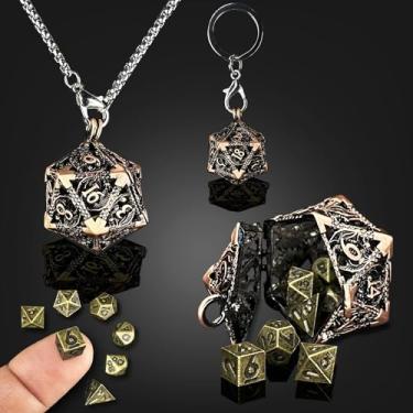 Imagem de HAOMEJA Mini DND Dice Metal 7pcs Set Tiny Small Polyhedral D&D Dice Set with Hollow D20 Necklace & Keychain Portable & Dragon Eye Bag Apply to Dungeons and Dragons Dice (Red Copper & Mini Bronze)
