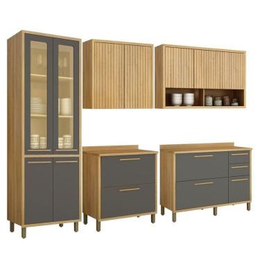 Imagem de Conjunto Cozinha Completa Armário Paneleiro 4 Portas Com Vidro 2 Armários Aéreo E 2 Balcões Torino Cinamomo-grafite