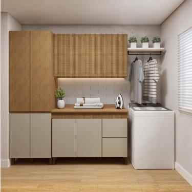 Imagem de Lavanderia Modulada Armário Multiúso, Balcão E Armário Aéreo Dakota Cinamomo/off White