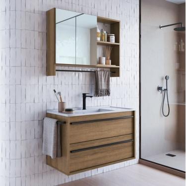 Imagem de Conjunto Para Banheiro Gabinete Suspenso 80cm Com Toalheiro Lavatorio E Espelheira Cj8030.20 Mel