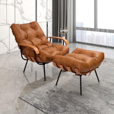 Imagem de Poltrona De Ferro E Madeira, Estofada Com Braço E Puff Estofado Costela Living Outdoor Espresso Móve Marrom