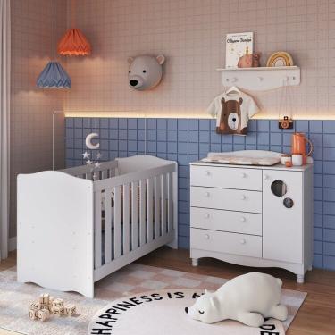 Imagem de Conjunto Quarto De Bebê 1 Berço 1 Cômoda 4 Gavetas Trocador 1 Prateleira Branco
