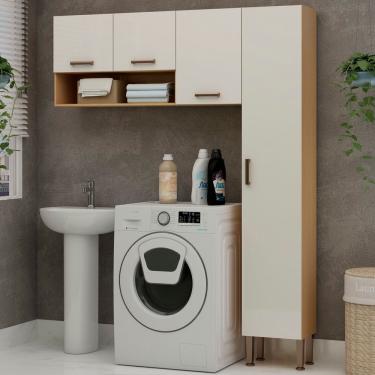 Imagem de Lavanderia Modulada 2 Peças 1 Armário Alto E Aéreo De 120cm Essência 100% MDF Freijó