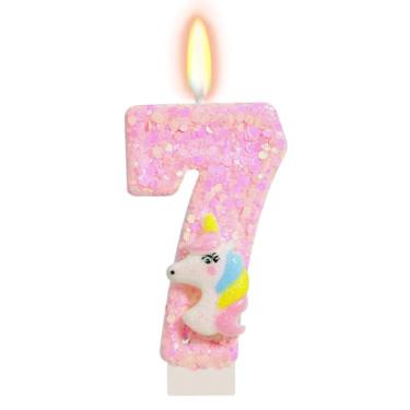 Imagem de FAMGift Velas de aniversário – Vela número 7, decorações de 7º aniversário para meninas, velas de unicórnio rosa para topo de bolo, material de festa com tema de desenho animado