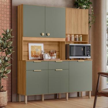Imagem de Armário Cozinha Compacta Tropical 160cm 7 Portas E 2 Gavetas Freijó/verde/ripado