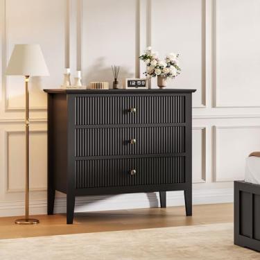 Imagem de Garvee Cômoda canelada preta com 3 gavetas, mesa de cabeceira de 80 cm de largura para quarto, cômoda moderna de madeira, mesa de cabeceira grande pintada com 3 gavetas para armário, corredor, entrada