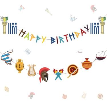 Imagem de Epakh 26 peças de faixas de aniversário da mitologia grega antiga banners de festa decorações suspensas mitologia da Grécia deuses Percy Jackson decoração de aniversário cultura da Grécia antiga