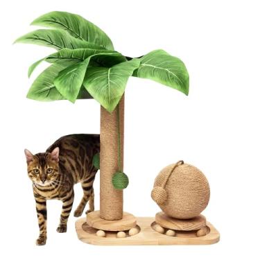 Imagem de KHALOR Poste arranhador para gatos, brinquedo arranhador de madeira para gatos internos, brinquedo de bola de sisal com bolas penduradas e de trilha, torre de gato de bananeira de 45 cm de altura para