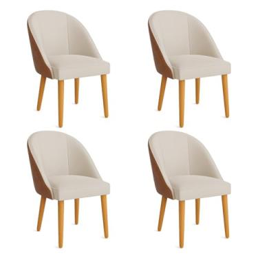Imagem de Kit 04 Cadeiras Poltrona de Jantar Bela Corano Nozes e Linho Bege Pés Palito Castanho - Pallazio