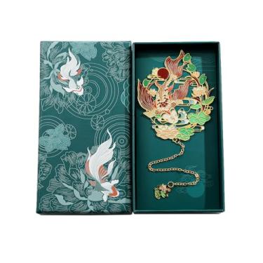 Imagem de Marcador de livro chinês "Clássico das montanhas e mares" das bestas divinas – Este marcador apresenta carpa koi, fênix, raposa de nove caudas, dragão e veado em cores vibrantes para boa sorte (caixa