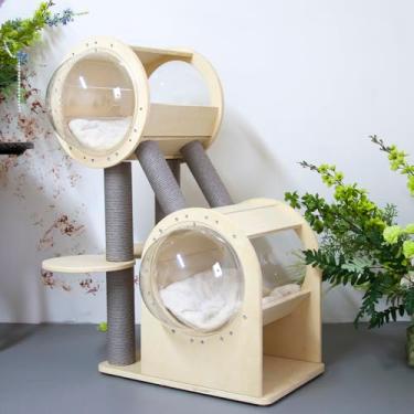 Imagem de Pawlabay Torre de árvore de gato de vários níveis com postes de arranhar para gatos e design de cápsula espacial, árvore de gato de madeira para gatos internos, grande torre de gato para gatos internos, 102 cm de altura