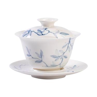 Imagem de Conjunto de chá Gongfu pintado à mão Boutique – Orquídea azul em porcelana branca pura, inclui gaiwan chinês e xícaras de chá, conjunto de cerimônia de chá, conjunto de chá para adultos (Gaiwan)