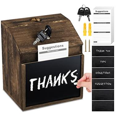 Imagem de AFOROEOA Caixa De Sugestões Madeira Com Fechadura - 6 Quadros-Negros, 100 Cartões, Pote Para Gorjetas, Doações Montagem Em Parede, 20 X 18 15 Cm