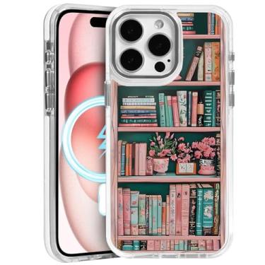 Imagem de TnXee Capa para iPhone 15 Pro, compatível com MagSafe, capa magnética clássica de proteção à prova de choque transparente - estante floral retrô rosa