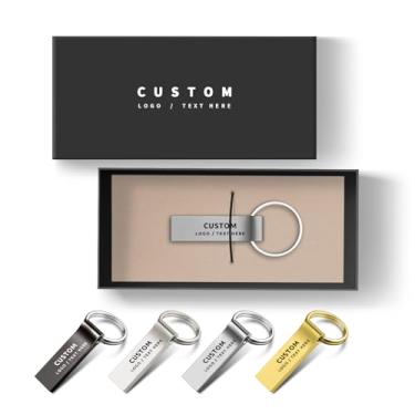 Imagem de Pen drive USB personalizado, pacote com 100 pen drives personalizados USB 2.0 pen drive com chaveiro, ideal para negócios, educação, corporação, estúdio de fotografia e música (128 GB, com caixa de