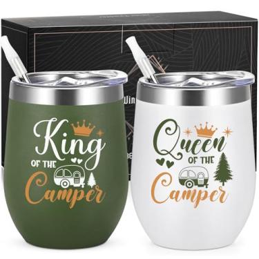 Imagem de Lifecapido Conjunto de copos de vinho de 350 ml, presentes de acampamento, rainha do campista e rei do campista, presentes de Natal, presentes de Natal para Capmer (pacote com 2, branco e verde