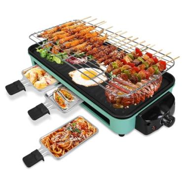 Imagem de Grelha elétrica interna de 1500 W, grelha de mesa raclette portátil 2 em 1, sem fumaça, churrasqueira coreana para cozinha com rede de churrasqueira e placa removível antiaderente, controle de