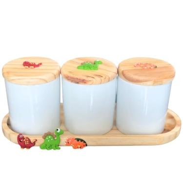 Imagem de Kit higiene bebê 4 peças Dinossauro - Bandeja e potes - Peças porcelana bandeja e tampas pinus