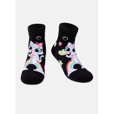 Imagem de Meia Soquete Puket Bebê Menina Gata Brilha no Escuro Preto 15 a 22, Pr