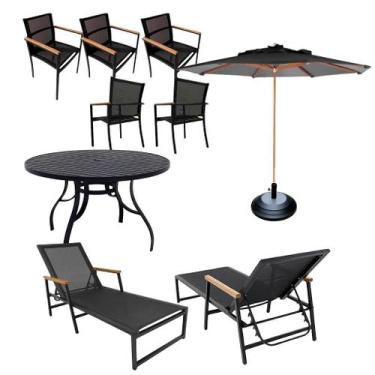 Imagem de Kit Amélia Mesa Ripada 1,20m + 5 Poltronas + 2 Espreguiçadeiras Piscin
