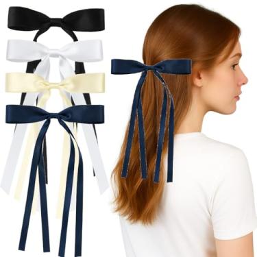 Imagem de Clipe de laço de cabelo para meninas e mulheres, laços de fita com cauda longa, acessórios de cabelo Harajuku para adolescentes, crianças, volta às aulas, laço de Halloween (bege + branco + preto +