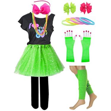 Imagem de Camiseta Kid Girl I Love 80s Star Sequin Tutu Saia com Colar Neon Laço Faixa de Cabelo Conjunto de Grampo de Cabelo (8/10, Verde)