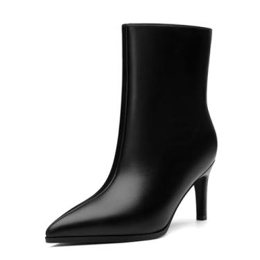 Imagem de ROSERWISH Botas de cano curto femininas gatinho salto baixo bico fino casual confortável vestido curto GoGo 3 polegadas sapatos outono inverno, Preto, 35