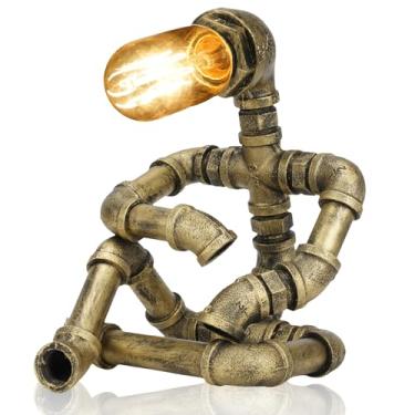 Imagem de YOOLYER Candeeiro de mesa Steampunk Decor para homens, exclusivo estilo robô, lâmpada de mesa, tubo de água industrial vintage, decoração de casa, ideal para quartos, estudos. (Bronze A)