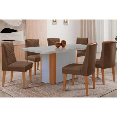 Imagem de Conjunto Sala de Jantar Pietá c/ Tampo Madeirado c/ Vidro Canto Curvo 180x90cm e 6 Cadeiras Pietá Madeira Maciça Naturale/Off White - Capuccino/Suede 