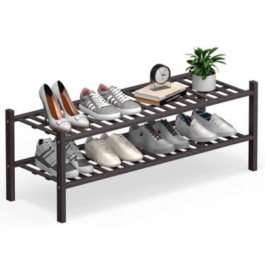 Imagem de Haddockway Organizador de sapato longo de bambu de 2 níveis, prateleira empilhável multifuncional com painel de grade para armário, corredor, entrada, espaço pequeno 86,9 x 28 x 33 cm (marrom, 2