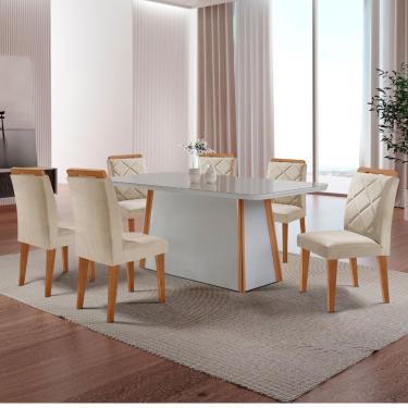 Imagem de Mesa de Jantar Diane 180cm Tampo MDF Vidro Canto Copo e 6 Cadeiras Melissa - Veludo Creme/Off/Nat/Serig. off