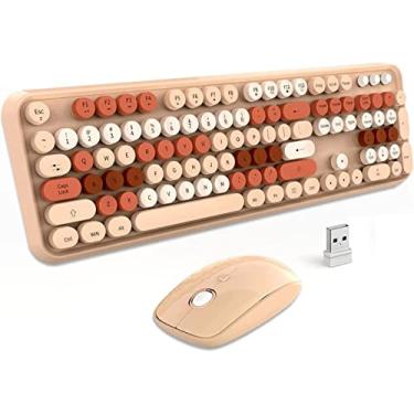 Imagem de LETTON Combo de teclado sem fio marrom, teclado de máquina de escrever sem fio de 2,4 GHz com 104 teclas redondas, teclado colorido retrô sem fio de tamanho completo e mouse fofo com 3 DPI para PC