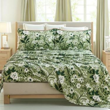 Imagem de Cozaline Jogo de cama Queen 100% algodão – 4 peças de cama floral verde floresta luxuosa, tecido percal respirável macio, lençol com elástico profundo 44,5 cm, sensação fresca, elegância botânica