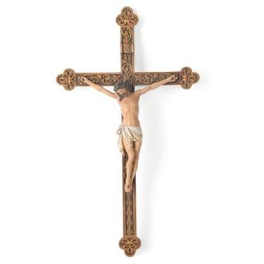 Imagem de Cruz de parede com crucifixo católico BC, decoração de casa de parede de Jesus Cristo, visual esculpido renascentista, acabamento de cor realista, feito de resina, 30 cm A pintado à mão por