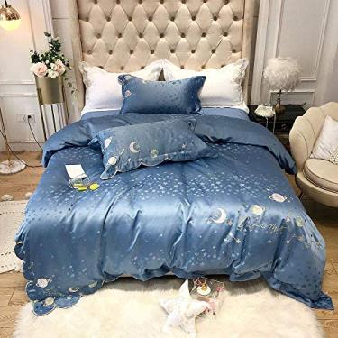 Imagem de AKALNNB Jogo de cama casal de seda, tamanho king, roxo, conjunto de lençol de casal com lençol de elástico e algodão de seda e cetim