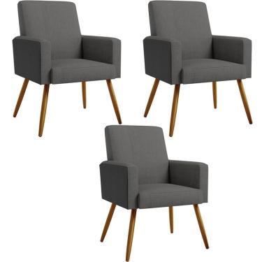 Imagem de Kit 03 Poltronas Decorativa Maria W01 Pés Palito Linho Cinza Escuro Couríssimo Preto - Lyam Decor