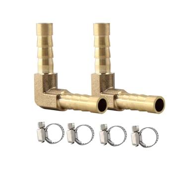 Imagem de 2 peças de farpa de mangueira de latão 90 graus de 1/10.2 cm, conector de cotovelo de farpa de latão de ângulo reto L com 4 braçadeiras de mangueira para combustível, ar, água, óleo, gás (6 mm)