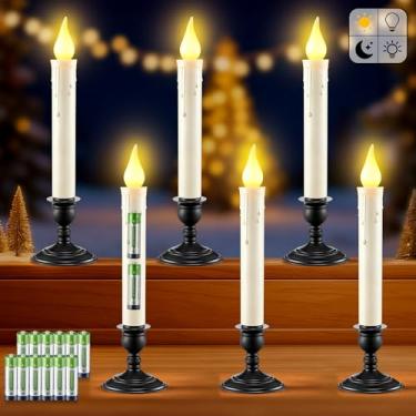 Imagem de Pacote com 6 velas de janela operadas por bateria com sensor do crepúsculo ao amanhecer, castiçais cônicos sem chama marfim com base preta removível e ventosas, castiçal de LED para decoração de Natal
