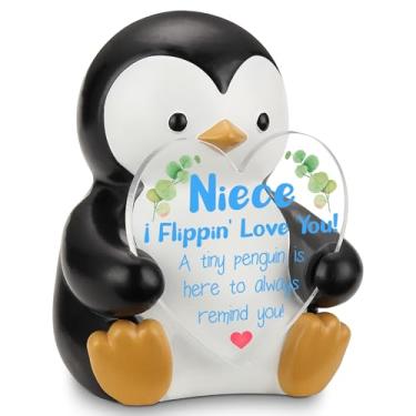 Imagem de FTONENI Estatueta de presente de sobrinha pinguim fofa, pinguim de resina segurando sinal de acrílico, presente para sobrinha de tia ou tio, lembrança de aniversário de Natal, decoração de mesa