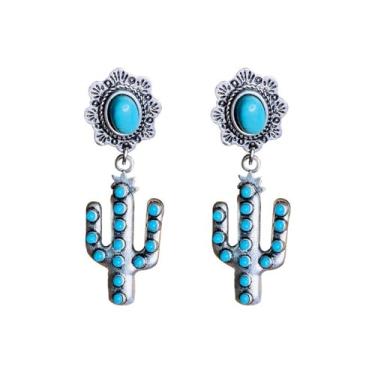 Imagem de Brinco vintage estilo étnico ocidental antigo prateado turquesa cacto brinco pingente retrô boêmio brincos femininos presentes para ela