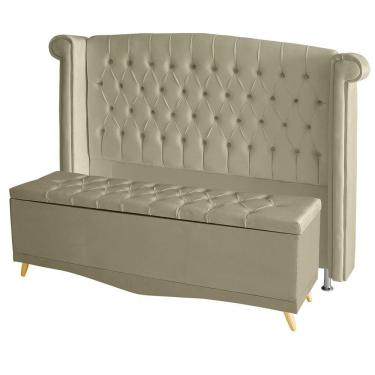 Imagem de Kit Cabeceira De Cama Box E Calçadeira Baú Luxo Casal 140 Cm Suede Porcelana Eli Móveis