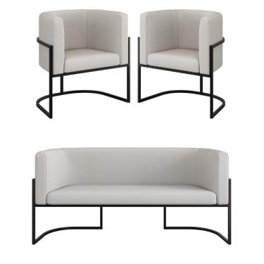 Imagem de Kit Sofá 2 Lugares + 2 Poltronas Corino Preto Bege