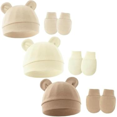 Imagem de Conjunto de 3 peças de gorro e luvas para recém-nascidos, roupa unissex para bebês de 0 a 6 meses