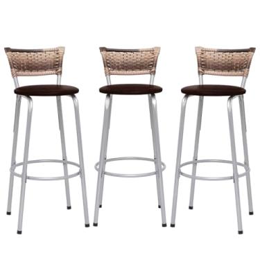 Imagem de Banqueta Altas Junco Cappuccino Estrutura Prata 70cm Para Balcão Cozinha, Bar, Bistrô, Americano Kit 03 Unidades - Itagold (Marrom Claro)