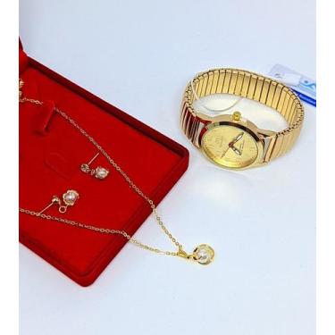 Imagem de Kit Relógio Feminino Analógico Elástica Aço Quartzo Festa Trabalho Mde