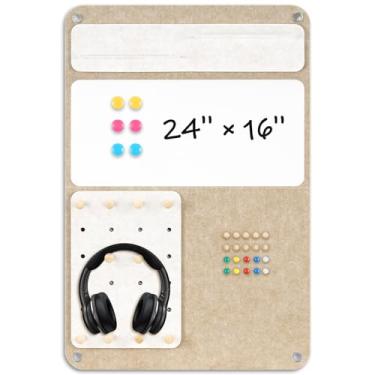 Imagem de DOLLAR BOSS Quadro de avisos dobrável 3 em 1, vertical de 61 x 40 cm - quadro branco magnético com prateleiras de cortiça e acrílico, feltro absorvente de som para casa/escritório/dormitório, inclui