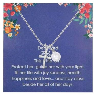 Imagem de CANDYFANCY Colar de cruz para mulheres, colares delicados de pérolas, cruz, prata, aço inoxidável, fé cristã, joia espiritual, joias inspiradoras de Natal, Halloween, presentes